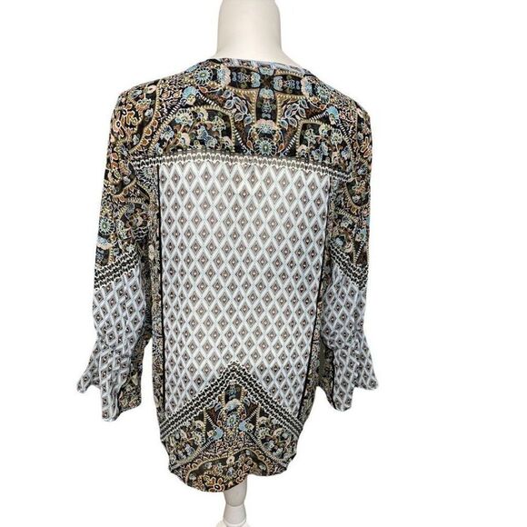 Style & Co Blue Black‎ Print Chiffon Split Neck Blouse Top XS - Picture 3 of 7